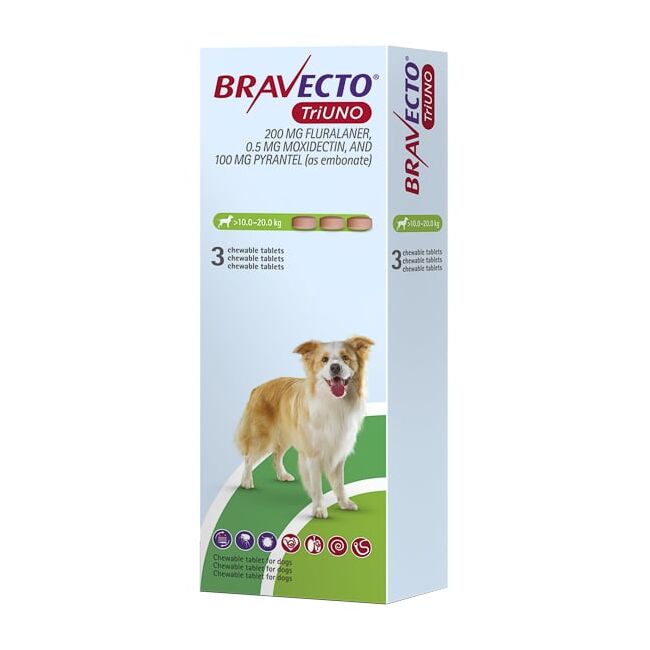 BRAVECTO TRIUNO CAINE 200 MG (10 - 20 KG) - 3 TABLETE MASTICABILE