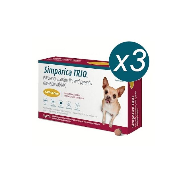SIMPARICA TRIO CAINI 3 MG (1.25-2.5 KG) - 3 COMPRIMATE MASTICABILE